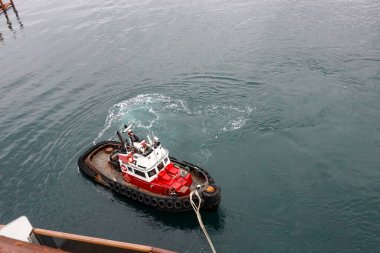 Victoria / Canada-9 / 14 / 19: Bir römorkör liman hattını bir yolcu gemisinden limana bağlamak için sürüklüyor.
