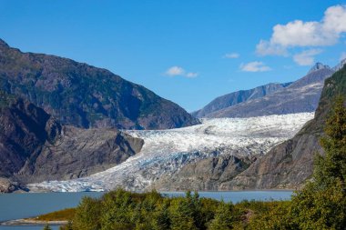 Juneau, Alaska 'daki Tongass Ulusal Ormanı' ndaki Mendenhall Buzulu manzarası.