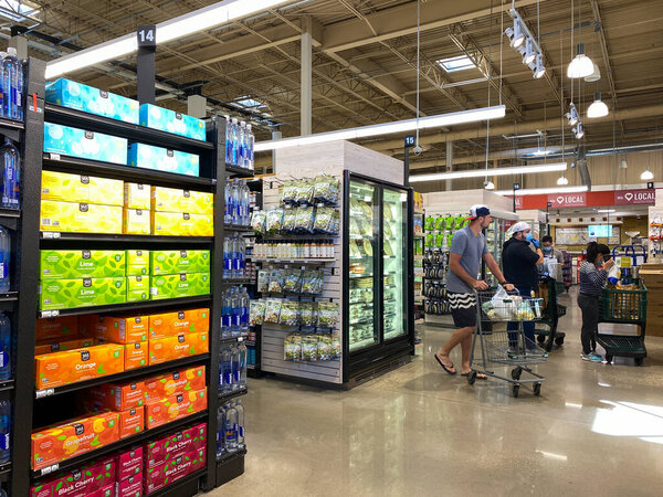 Orlando,FL/USA-5/3/20: A display of water bottle aisle at a Whole Foods Market Grocery Store.