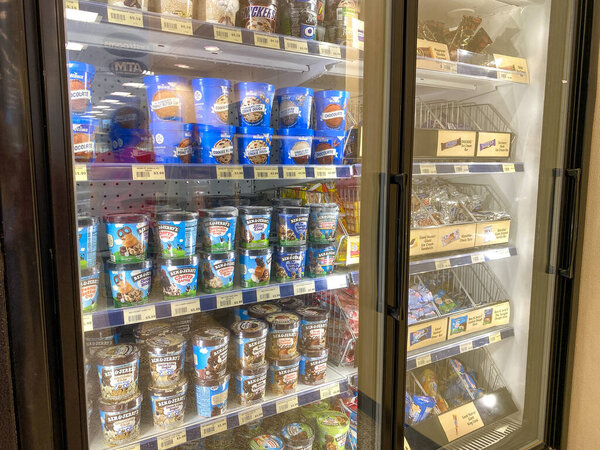Orlando,FL/USA-12/27/19: The refridgerated ice cream display at a Wawa gas station, fast food restaurant, and convenience store.