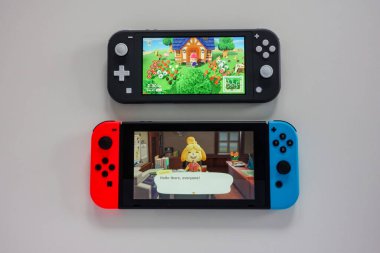 Orlando, FL / USA -5 / 27 / 20: Çok oyunculu bir Nintendo Switch ve tek oyuncu Nintendo Switch Lite oyun konsolları yan yana.