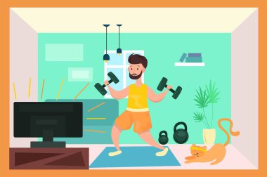   Pizza ve kediyle takılan genç bir adamın vektör çizimi