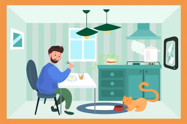   Pizza ve kediyle takılan genç bir adamın vektör çizimi