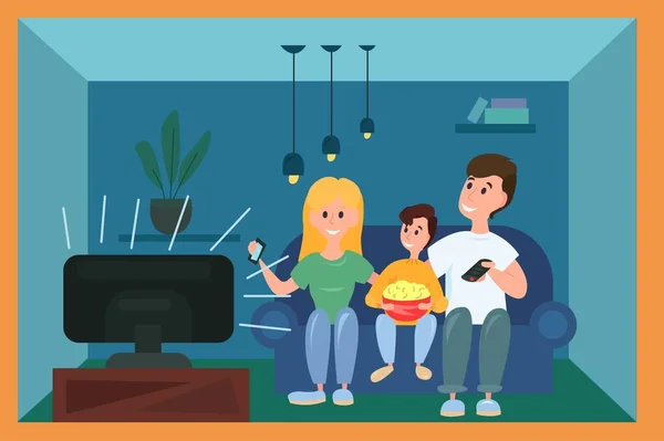 Evde pandemik izolasyon sırasında aile televizyon izliyor.