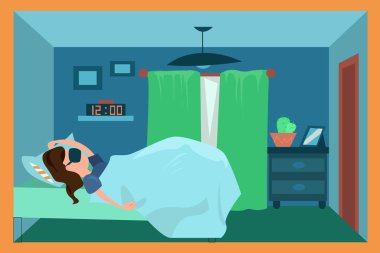 Corona virüsü karantinası sırasında yatakta dinlenen kızın vektör çizimi.