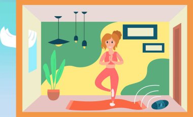 COVID-19 virüsü salgını sırasında evde yoga yapan bir kızın vektör çizimi. İnsanlar viral enfeksiyonun yayılmasını önlemek için evlerinde karantinaya alındı. Maskeli bir kadın evde yoga yapıyor. Coronavirus dışarıda. Karantina sırasında sakin olun. Dikkatli ol.
