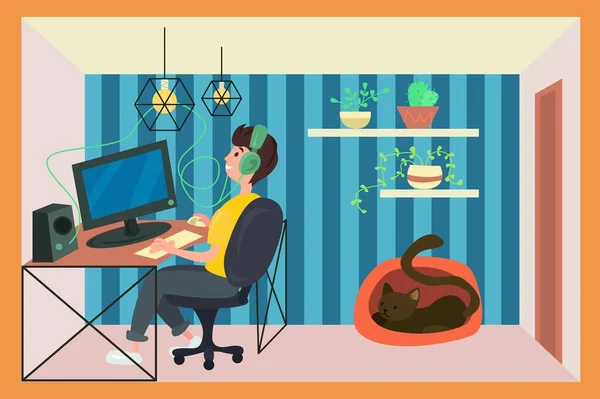 Ilustração Vetorial Homem Trabalhando Laptop Durante Isolamento Vírus Corona Casa — Vetor de Stock