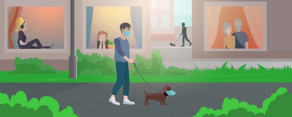 Köpekle karantina sonrası yürüyüşün vektör çizimi