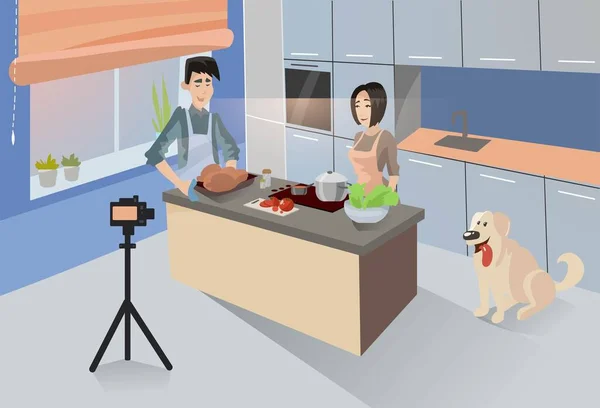 Mutfakta erkek, kadın ve köpeğin vektör çizimi