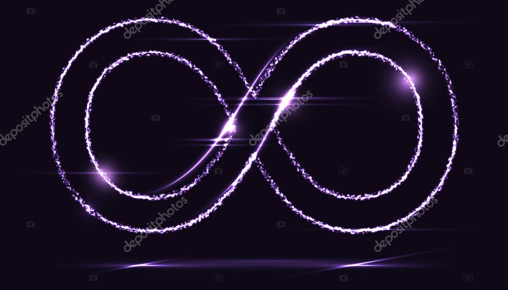 Infinity symbol with glow and glitter in violet color on dark background. Vector illustration. Shining eternity sign.