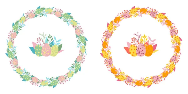 Vector Set Colorful Easter Eggs Floral Spring Wreaths Isolated White — Stock Vector