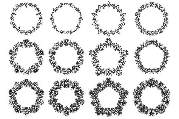 Ensemble Vectoriel Cadres Floraux Ronds Noirs Isolés Sur Fond Blanc — Image vectorielle