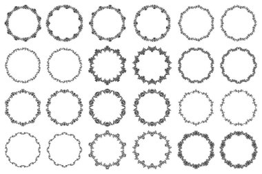 Beyaz arka planda izole edilmiş siyah yuvarlak çiçek çerçeveleri. Güzel romantik dekorasyon unsurları, düğün davetiyeleri, hediye kartları, afişler. Zarif çelenkler.