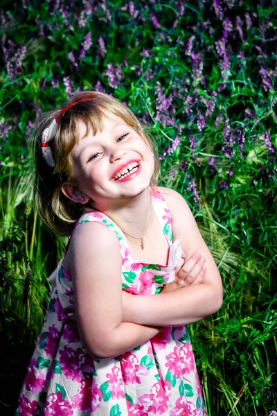 Ragazza Prendisole Nel Campo Serale — Foto Stock