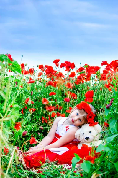 Girl Poppy Field Sitting Teddy Bear — Stock Photo, Image