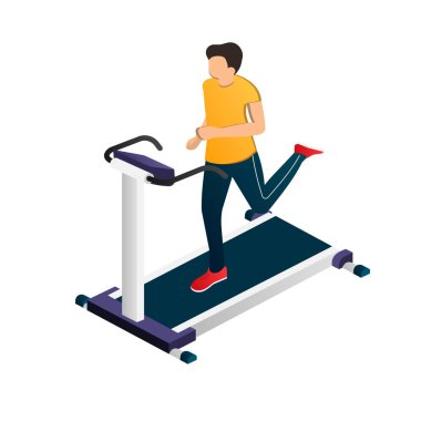 Adam koşu bandında koşuyor. Spor eğitimi. Vektör illüstrasyonu