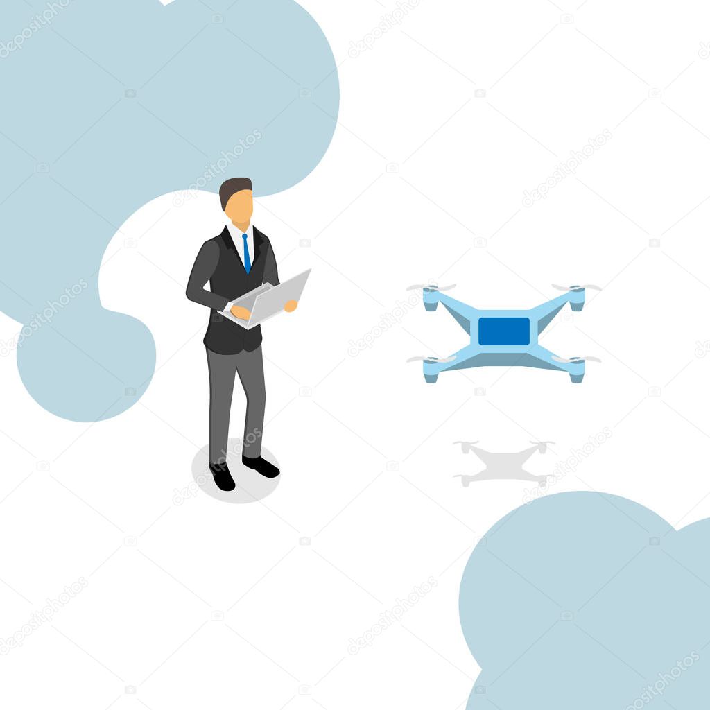 The launch of the drone. Controlling the drone. Vector illustration