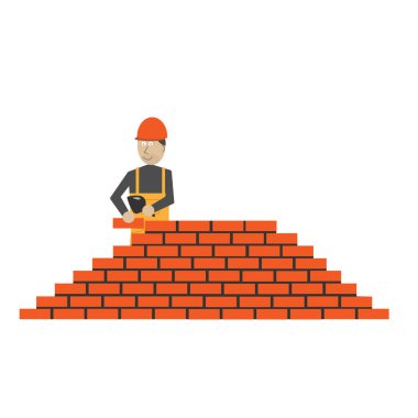 İnşaatçı. İşçi tuğla duvar inşa eder, vektör illüstrasyonu