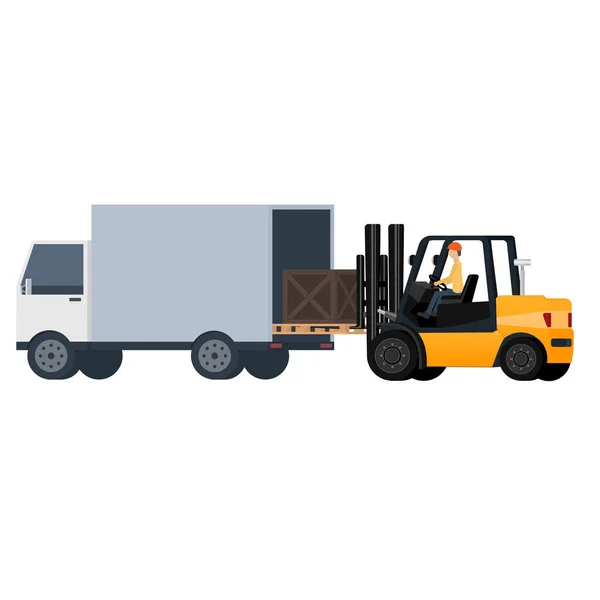 Vorkheftruck Vorkheftruck Laadt Pallet Truck Vervoer Vector Illustratie — Stockvector