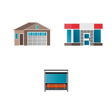 Şehirdeki binalar. Binalar. Atölye, vektör grafikleri