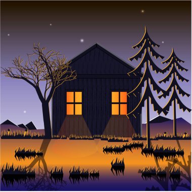 Dağlarda bir ev. Orman kenarı. Filo manzarası. Vektör illüstrasyonu