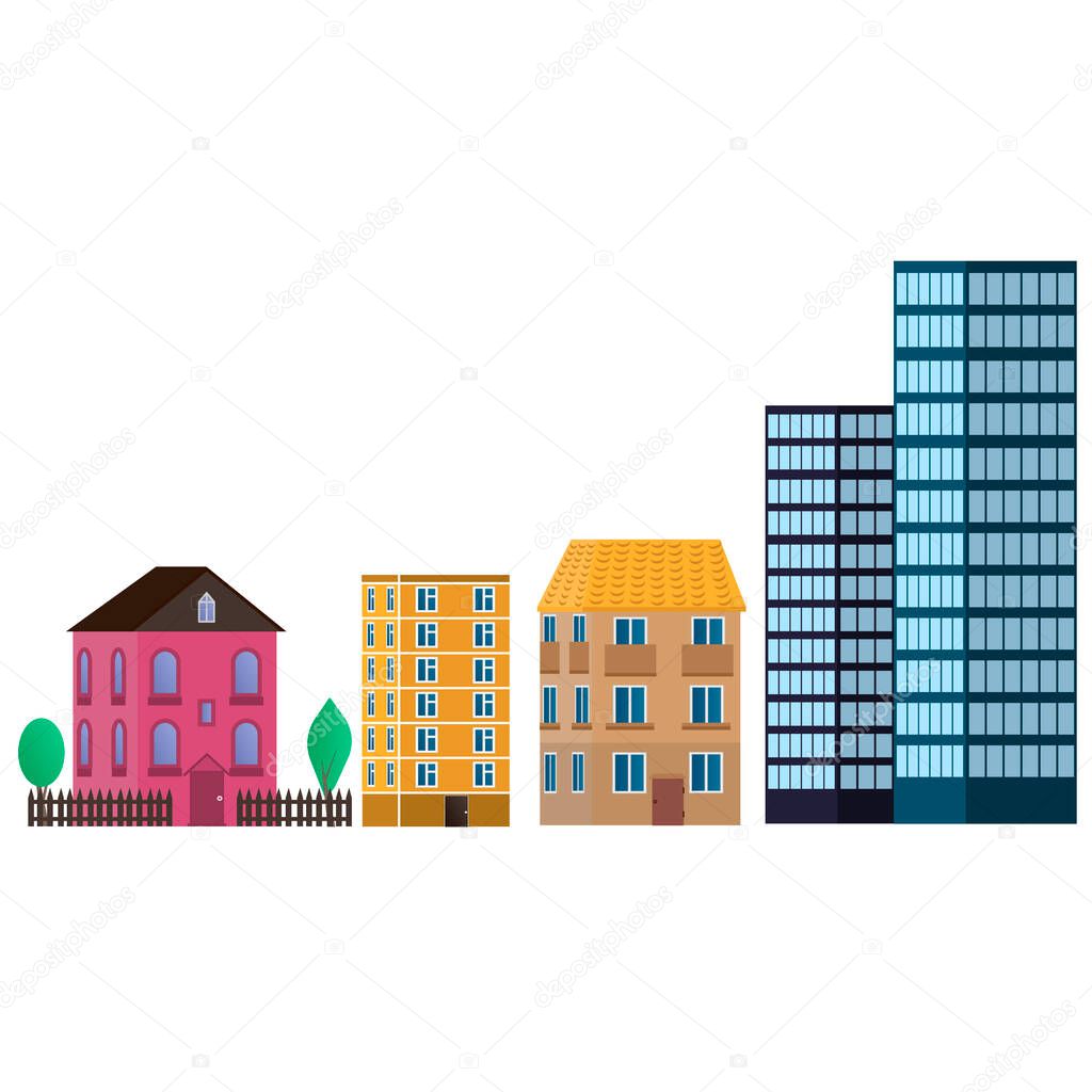 Buildings in the city. House, cottage, Palace, skyscraper. Vector graphics