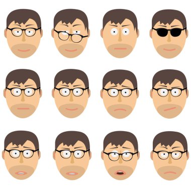 Gözlüklü bir adamın kafası. Yüzünde duygular var. Vektör illüstrasyonu