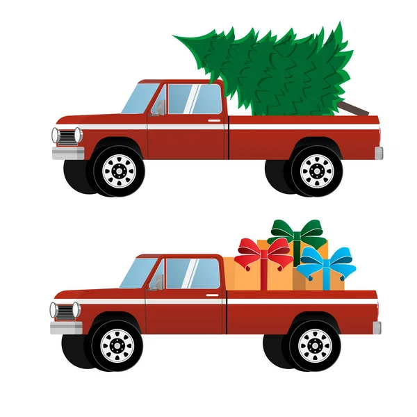 Camion Noël Voiture Porte Des Cadeaux Sapin Noël Illustration Vectorielle — Image vectorielle