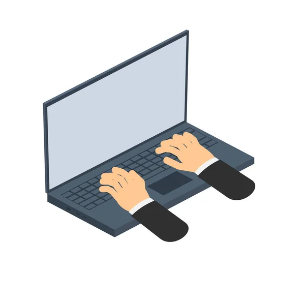 Usando Laptop Trabalhar Isometry Mão Teclado — Vetor de Stock