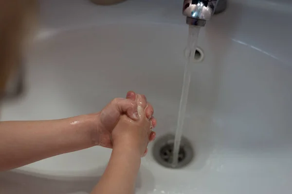 Kid Washing Hands Soap Sink Bathroom Closeup — Stock Photo, Image