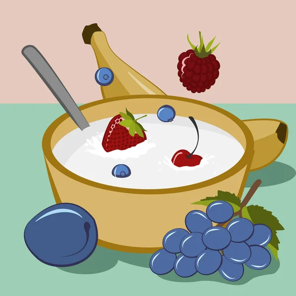 Meyvelerin yoğurda düşüşünün resmi, basit, temiz vektör dosyası..