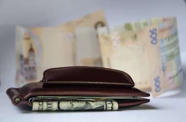 Diğer banknotların arka planında dolar görünen cüzdan.