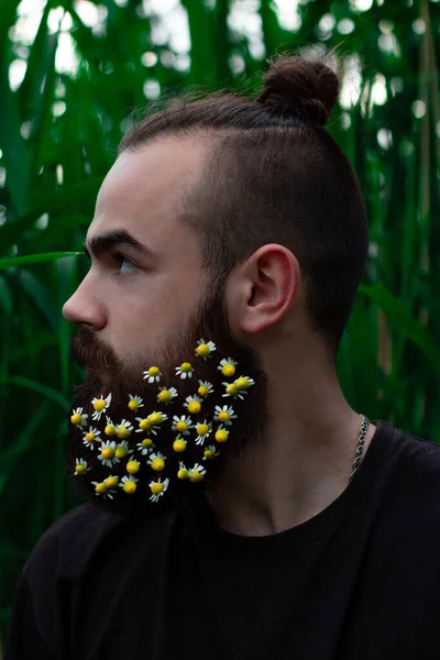 Junger Bärtiger Mann Mit Blumen Gänseblümchen Bart Auf Grünem Hintergrund — Stockfoto