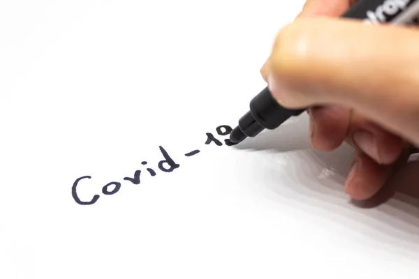 Female Hand Writes Marker Name Disease Closeup White Background — Stock Photo, Image