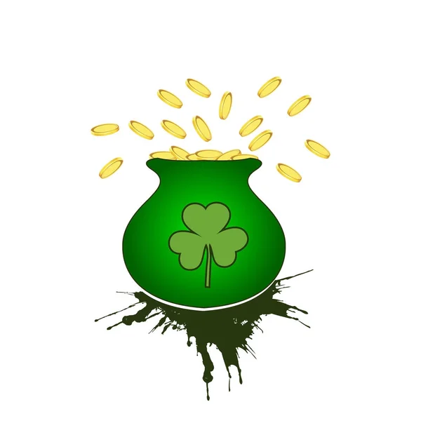 Vector illustration of Happy Saint Patrick's Day, with cauldron coin and cauldron — Stock Vector