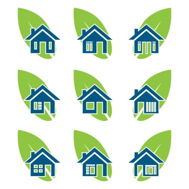 Ev ve yaprak Icon set. Düz tasarım