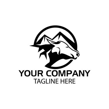 Bufalo logosu ve dağ, Bufalo kafası ikonu. düz dizayn. Beyaz arkaplanda Vektör Resimleri