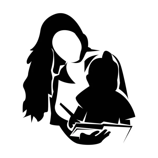 Silhoutte Une Mère Enseignant Fille Lire Livre Design Plat Illustration — Image vectorielle