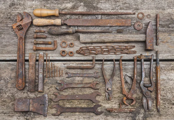 Rusty Tools Lie Old Wooden Table — Stock Photo, Image