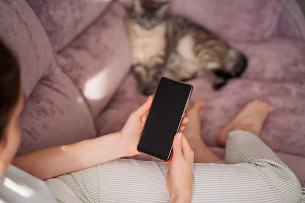 the girl is sitting on the sofa with a cat and holding a phone in her hands. black phone screen. self-isolation of the house