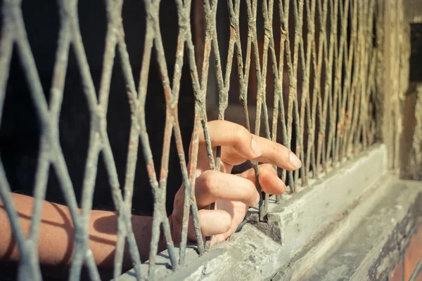 Руки женщины на стальной решетке — стоковое фото