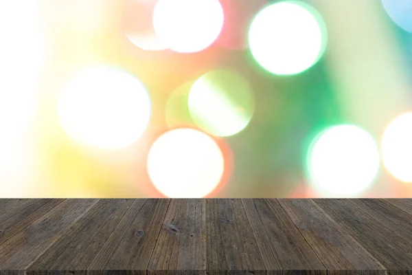 Abstrakta bokeh bakgrund av ljus med trä terrass — Stockfoto