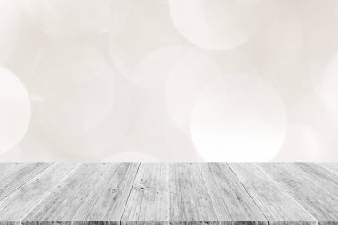 Beyaz ahşap teras ile ışığın soyut bokeh