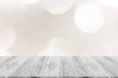 Beyaz ahşap teras ile ışığın soyut bokeh