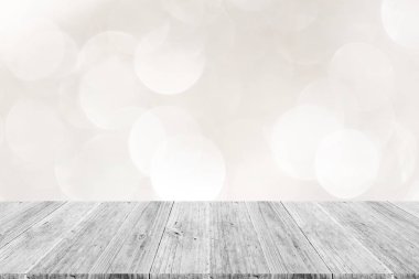 Beyaz ahşap teras ile ışığın soyut bokeh