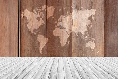 Ahşap doku arka plan, Beyaz ahşap Teras ve Dünya Haritası