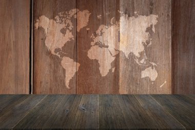 Ahşap doku arka plan ile Dünya Haritası ile ahşap Teras