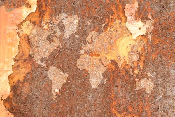 Textura de parede de ferrugem de metal com mapa mundial — Fotografia de Stock