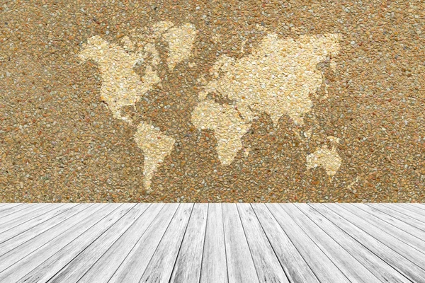 Superficie de textura de pared con terraza de madera y mapa del mundo — Foto de Stock