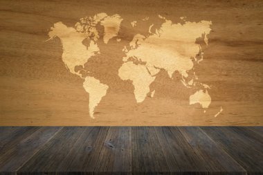 Ahşap doku arka plan ile Dünya Haritası ile ahşap Teras